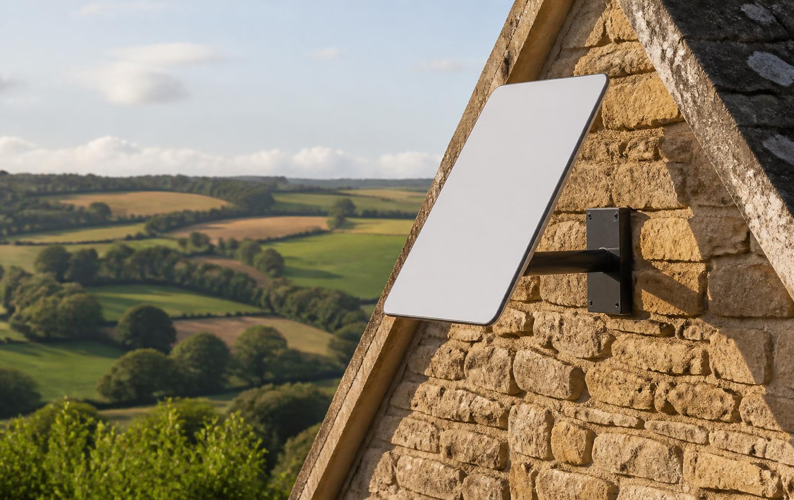 Starlink dish installed on a Cotswold stone cottage gable